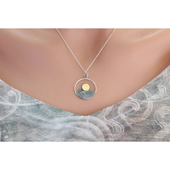 Large Sterling Silver Mountain Sunset Pendant with Bronze Sun - Picture 4 of 4